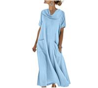Generisch Vestido de lino para mujer, de verano, largo, manga corta, muselina, elegante, maxi, de lino, ligero y aireado, vestido de verano italiano, vestido de playa, vestido de blusa, vestido