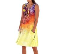 Generisch Vestido de lino para mujer, largo hasta la rodilla, informal, vestido de playa, sin mangas, estampado de verano con bolsillos, amarillo, L