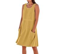 Generisch Vestido de lino para mujer, largo hasta la rodilla, informal, vestido de playa, vestido de verano sin mangas, con bolsillos, estampado para ocio y vacaciones, amarillo, L