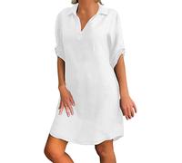Generisch Vestido de manga corta para mujer, elegante vestido diario con cuello de camisa, tira de botones, para moda moderna y casual, Blanco, M