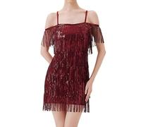 Generisch Vestido de mujer con flecos, cuello en V profundo, sin espalda, patchwork, bodycon de los años 20, borla, minivestido para mujer, club, fiesta, baile, mini correa, vestido corto latino, Vino