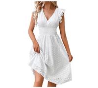 Generisch Vestido de mujer de longitud media con encaje jacquard ahuecado estrecho escote en V elegante moda casual para mujer, Blanco, S