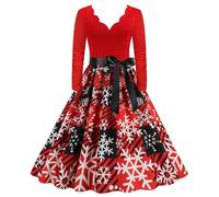 Generisch Vestido de mujer de manga larga con cuello en V, Navidad, años 50, ama de casa, fiesta, baile de graduación, playa, Negro , 3XL