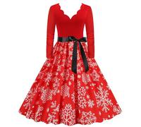 Generisch Vestido de mujer de manga larga con cuello en V, Navidad, años 50, ama de casa, fiesta, baile de graduación, playa, rojo, 3XL