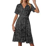 Generisch Vestido de mujer de moda manga corta de longitud media estampado con bolsillos cuello en V tamaños europeos cómodo diario oficina viajes, Negro , L