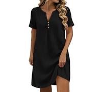 Generisch Vestido de muselina para mujer, cuello en V, estilo bohemio, vestido de verano, elegante, informal, algodón, lino, tallas grandes, monocolor, vestido de playa, vestido de ocio, para salón