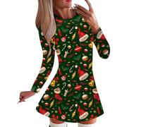 Generisch Vestido de Navidad informal con estampado festivo manga larga cuello redondo para mujer de moda para horas contemplativas celebraciones alegres en invierno, Verde militar., S