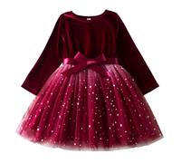 Generisch Vestido de Navidad para niñas de manga larga con lazo y estrellas, de tul, ropa para niñas de 140, rojo, 3-4 años