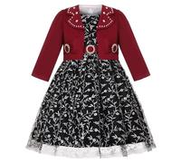 Generisch Vestido de niña con falda de volantes y dobladillo de encaje, chaqueta de punto para niños, con vestido floral y chaqueta de botones roja, look festivo para niñas para ocasiones y uso diario