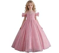 Generisch Vestido de niña con hombros descubiertos elegante vestido de noche fruncido para ocasiones festivas actuaciones princesa vestido de tul fiesta danza actuación, Rosa., 4-5 años