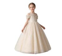 Generisch Vestido de niña con hombros descubiertos elegante vestido de noche fruncido para ocasiones festivas actuaciones princesa vestido de tul fiesta danza actuación, dorado, 4-5 años
