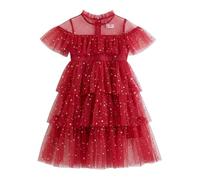 Generisch Vestido de niña con lentejuelas, estrellas, lunas, volantes, mangas de vuelo, para fiestas de baile, rojo, 6-7 años