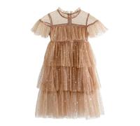 Generisch Vestido de niña con lentejuelas, estrellas, lunas, volantes, mangas de vuelo, para fiestas de baile, café, 6-7 años