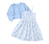 Generisch Vestido de niña de dos piezas de temporada con estampado floral cardigan vestido sin mangas ligero más cárdigan a juego para trajes elegantes en primavera, azul, 2-3 años