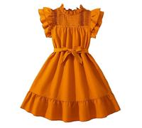 Generisch Vestido de niña ropa infantil plisada encaje costuras manga corta princesa vestido al aire libre niñas, naranja, 10-11 años