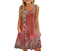 Generisch Vestido de niña sin mangas cómodo vestido casual estampado floral ropa infantil vestido chaleco con traje de baño niña con, Rojo sandía, 8-9 años