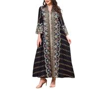 Generisch Vestido de noche musulmán para mujer, estilo Dubai, bata, bordado, estampado floral, vestido de verano islámico, turco, marroquí, para étnico, boda, noche, fiesta, Negro-1., XL