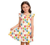 Generisch Vestido de Pascua sin mangas para niñas con estampado de conejos y huevos, bonito vestido de fiesta para niños pequeños con mangas volantes para vacaciones, beige, 8-9 años