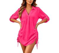 Generisch Vestido de playa de verano para mujer, traje de baño, vestido de verano, ligero, poncho de playa, cuello de pico, blusa de playa, manga larga, camisa de playa, con botones, blusa de manga