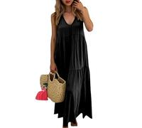 Generisch Vestido de playa para mujer, informal, largo, liso, sin mangas, estilo bohemio, cuello en V, fluido para el verano, Negro , XL