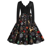 Generisch Vestido de playa para mujer, manga larga, cuello en V, Navidad, años 50, ama de casa, fiesta de graduación, fiesta