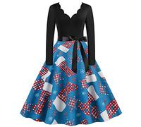 Generisch Vestido de playa para mujer, manga larga, cuello en V, Navidad, años 50, ama de casa, fiesta de graduación, fiesta, azul, XL