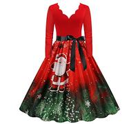 Generisch Vestido de playa para mujer, manga larga, cuello en V, Navidad, años 50, ama de casa, fiesta de graduación, fiesta