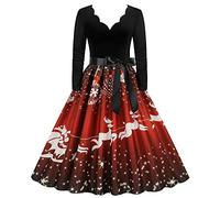 Generisch Vestido de playa para mujer, manga larga, cuello en V, Navidad, años 50, ama de casa, fiesta de graduación, fiesta, Negro , 3XL