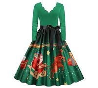 Generisch Vestido de playa para mujer, manga larga, cuello en V, Navidad, años 50, ama de casa, fiesta de graduación, fiesta, verde, XXL