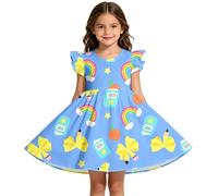 Generisch Vestido de primavera para niña con estampado floral, mangas abullonadas, vestido de fiesta ligero para un ajuste cómodo, fácil de cuidar, equipamiento escolar, azul claro, 6-7 años