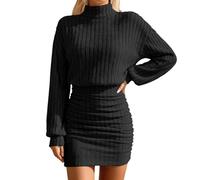 Generisch Vestido de punto para invierno, otoño, cuello alto, punto acanalado, ajustado, manga larga, elegante, informal, ropa de fiesta, ropa de mujer, Negro , L