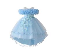 Generisch Vestido de satén para niña, con mangas abullonadas, para fiesta de cumpleaños, bautizo, vestido de fiesta, princesa, lazo brillante, festivo, elegante, vestido infantil, azul celeste, 6-7