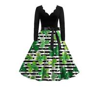 Generisch Vestido de swing de manga larga con cuello en V de Nueva Zelanda con estampado de paja de cuatro hojas, verde menta, L