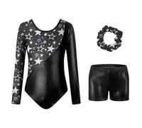 Generisch Vestido de tul para niña de manga larga con impresión digital, una pieza de ballet para entrenamiento y actuación, material elástico cómodo, Negro , 8-9 años