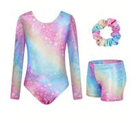 Generisch Vestido de tul para niña de manga larga con impresión digital, una pieza de ballet para entrenamiento y actuación, material elástico cómodo, Rosa., 3-4 años