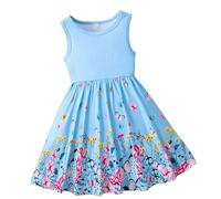 Generisch Vestido de tutú para niña de verano, sin mangas, sin espalda, princesa, cumpleaños, fiesta, flor, lazo, con sombrero de paja (verde claro de 2 a 3 años), dos piezas para niños, azul celeste