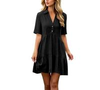 Generisch Vestido de verano con corte desenfadado, cuello en V, tira de botones, manga corta para mujer, cómodo y informal con diseño aireado, Negro , 3XL