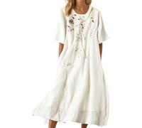 Generisch Vestido de verano para mujer con bordado floral, vestido maxi bohemio de verano, cuello redondo, media manga, largo hasta la rodilla, vestido de viaje, vestido de playa, cómodo y elegante