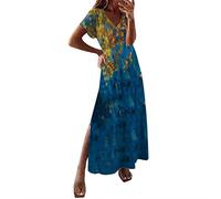 Generisch Vestido de verano para mujer con estampado floral abertura lateral elegante largo para ocasiones especiales, amarillo, XXL