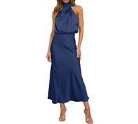 Generisch Vestido de verano para mujer, de verano, largo, formal, de satén, con cuello alto, sin mangas, abertura lateral, vestido largo de tirantes, azul oscuro, S