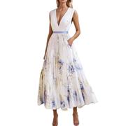 Generisch Vestido de verano para mujer, estampado floral, cuello en V, elegante, vestido de noche, vestido de playa, vestido midi con bolsillos, retro, oficina, uso diario, vestido de fiesta, vestido