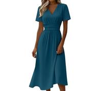 Generisch Vestido de verano para mujer, largo y elegante, con pliegues de cintura alta, vestido midi con cuello en V, vestidos casuales, ligeros y aireados, vestidos de playa fluidos, vestido de