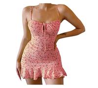 Generisch Vestido de verano para mujer, sin mangas, vestido de flores, espagueti, con volantes, vestido corto de moda, vestido de ocio, sin tirantes, vestido de playa, sexy, vestido de cóctel, Rosa