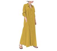 Generisch Vestido de verano para mujer, vestido de playa, elegante, algodón, lino, liso, manga larga, bolsillo, relajado, informal, vestido largo camisero, amarillo, XL