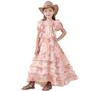 Generisch Vestido de verano para niña con mangas revoloteadoras, estampado floral, con capas para un vestido de fiesta ligero e impresionante, Rosa., 9-10 años