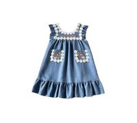 Generisch Vestido de verano para niña con ribete de encaje bordado, bolsillos laterales, vestido de fiesta de playa, colección 2026 con bordado floral para uso diario, azul, 5-6 años