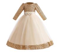 Generisch Vestido elegante de Navidad para niña con manga larga, encaje de tul, volantes para fiestas, eventos nocturnos, bodas como vestido de princesa para niñas pequeñas, dorado, 8-9 años