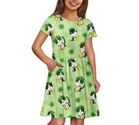 Generisch Vestido floral de manga corta vestido casual con volantes bolsillos laterales vestido de juego suave cuello redondo cómodo primavera, verde, 11-12 años