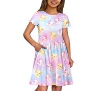 Generisch Vestido floral de manga corta vestido casual con volantes bolsillos laterales vestido de juego suave cuello redondo cómodo primavera, Rosa., 13-14 años
