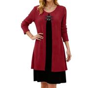 Generisch Vestido informal de dos piezas que realza la figura con botones en colores de contraste para una comodidad elegante y diaria, Vino, XXL